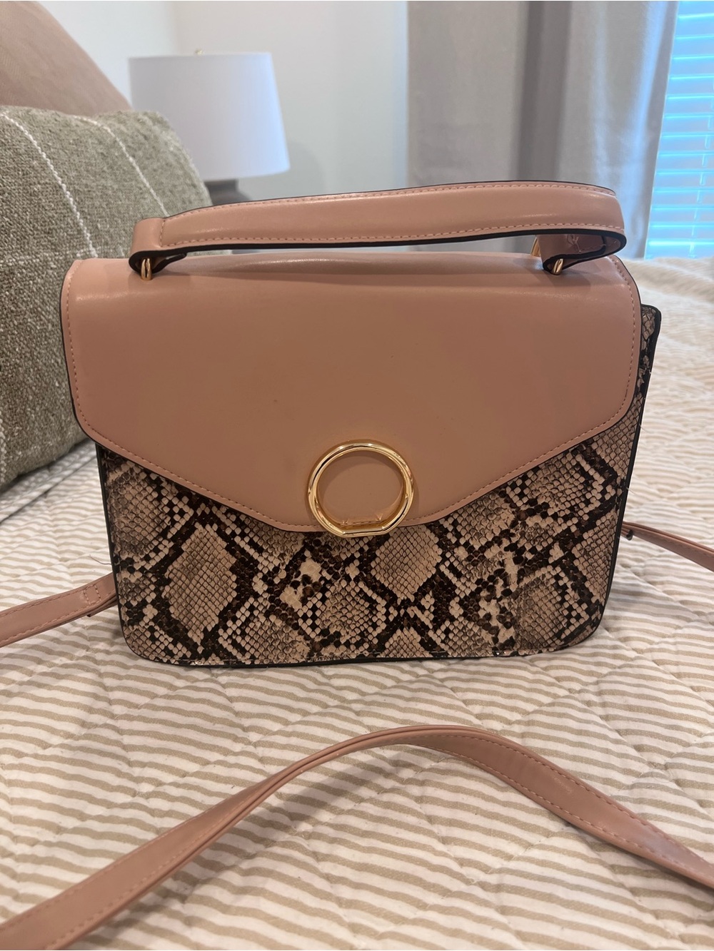 Tan Faux Leather & Snake Print Crossbody Bag with Gold Ring Accent